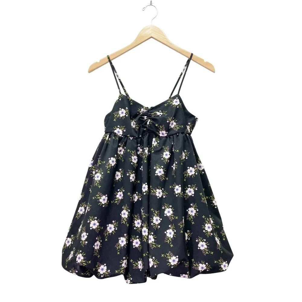 Free People In A Bubble Mini Dress Size XS Black Floral Bubble Hem Empire Waist